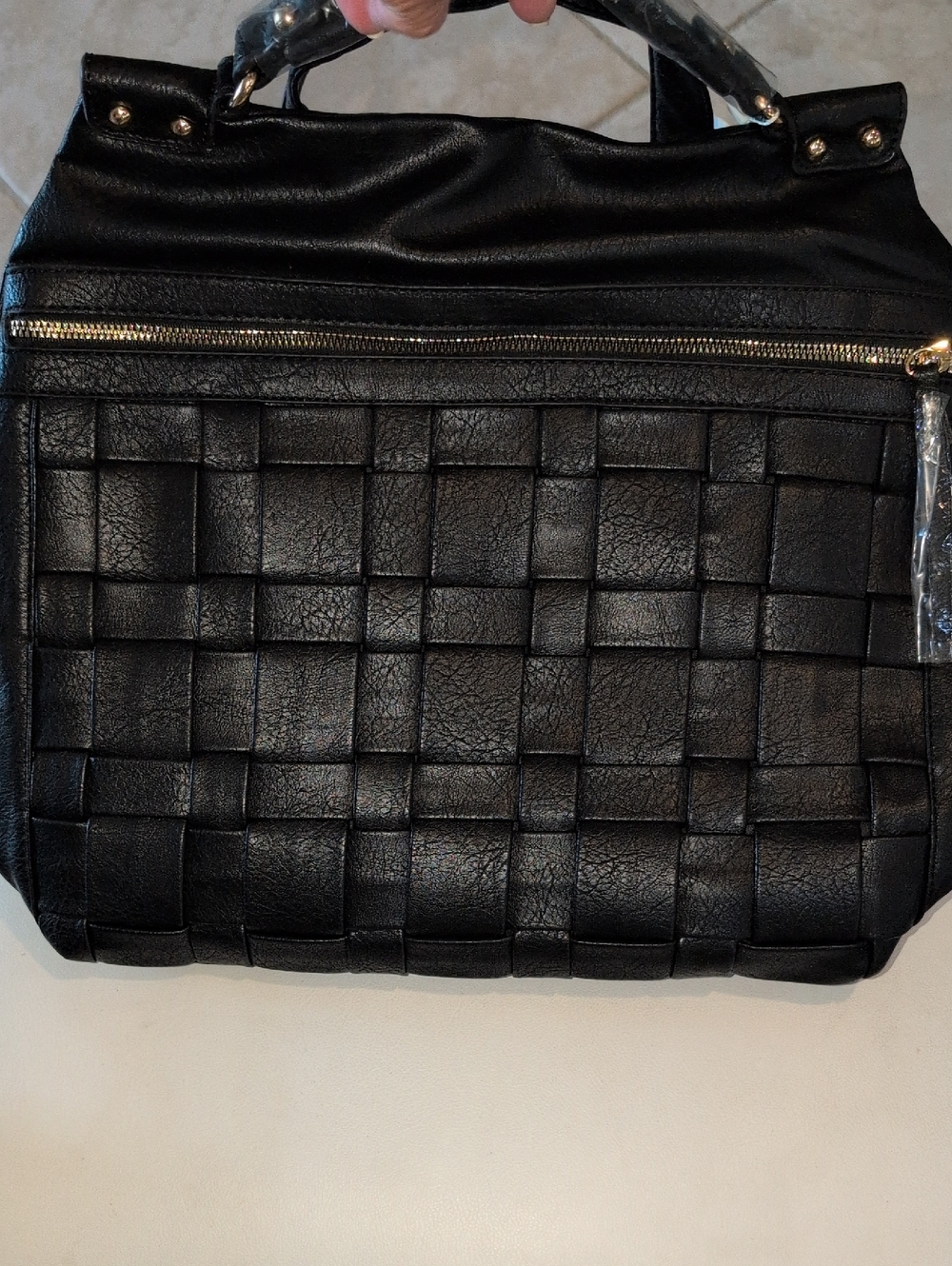 Le Miel Black Vegan  Woven Tote Bag / Backpack with Zipper Compartment